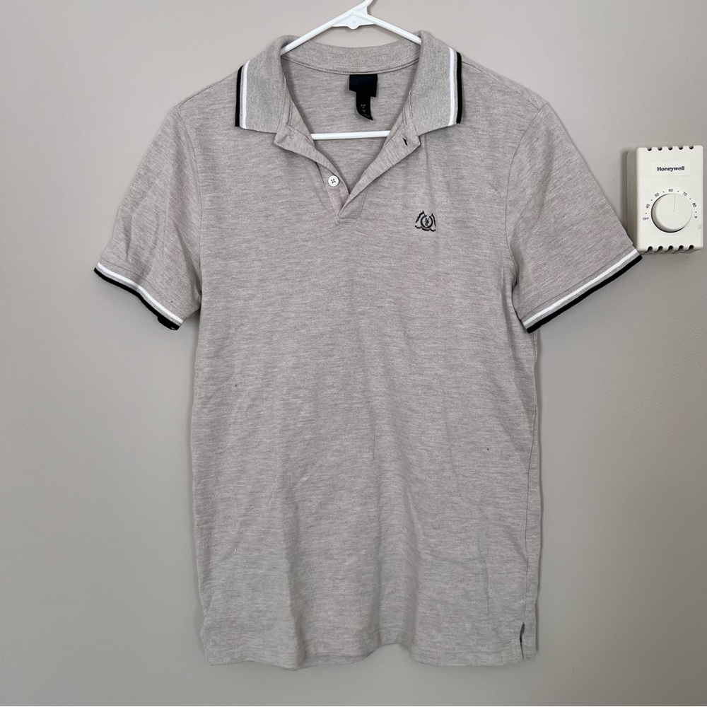 Beige Preppy Men's Polo Shirt with Stripes, Size S